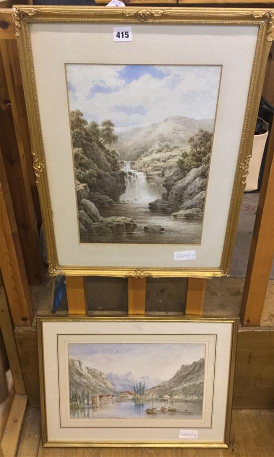 2 x watercolours waterfall and lake scene(-)